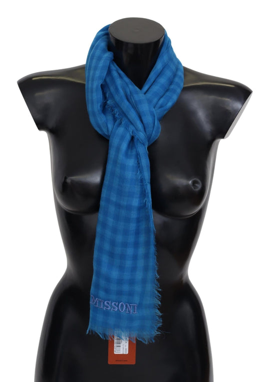 Sciarpa avvolgente con frange unisex in cashmere a quadretti blu