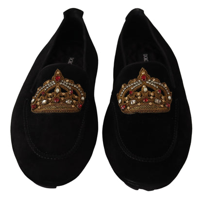 Schwarze Leder-Loaferschuhe mit Kristallgoldkrone