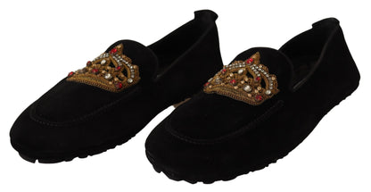 Schwarze Leder-Loaferschuhe mit Kristallgoldkrone