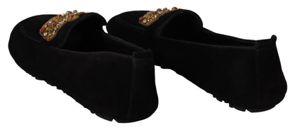 Schwarze Leder-Loaferschuhe mit Kristallgoldkrone