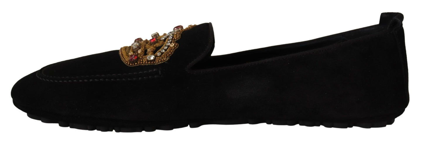 Schwarze Leder-Loaferschuhe mit Kristallgoldkrone