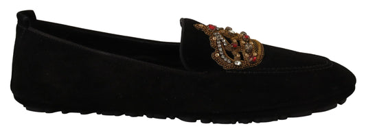 Mocassins en cuir noir avec couronne dorée et cristal