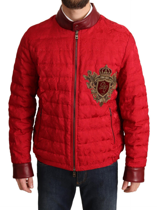 Veste Bomber en Brocart Rouge avec Logo de la Couronne Dorée