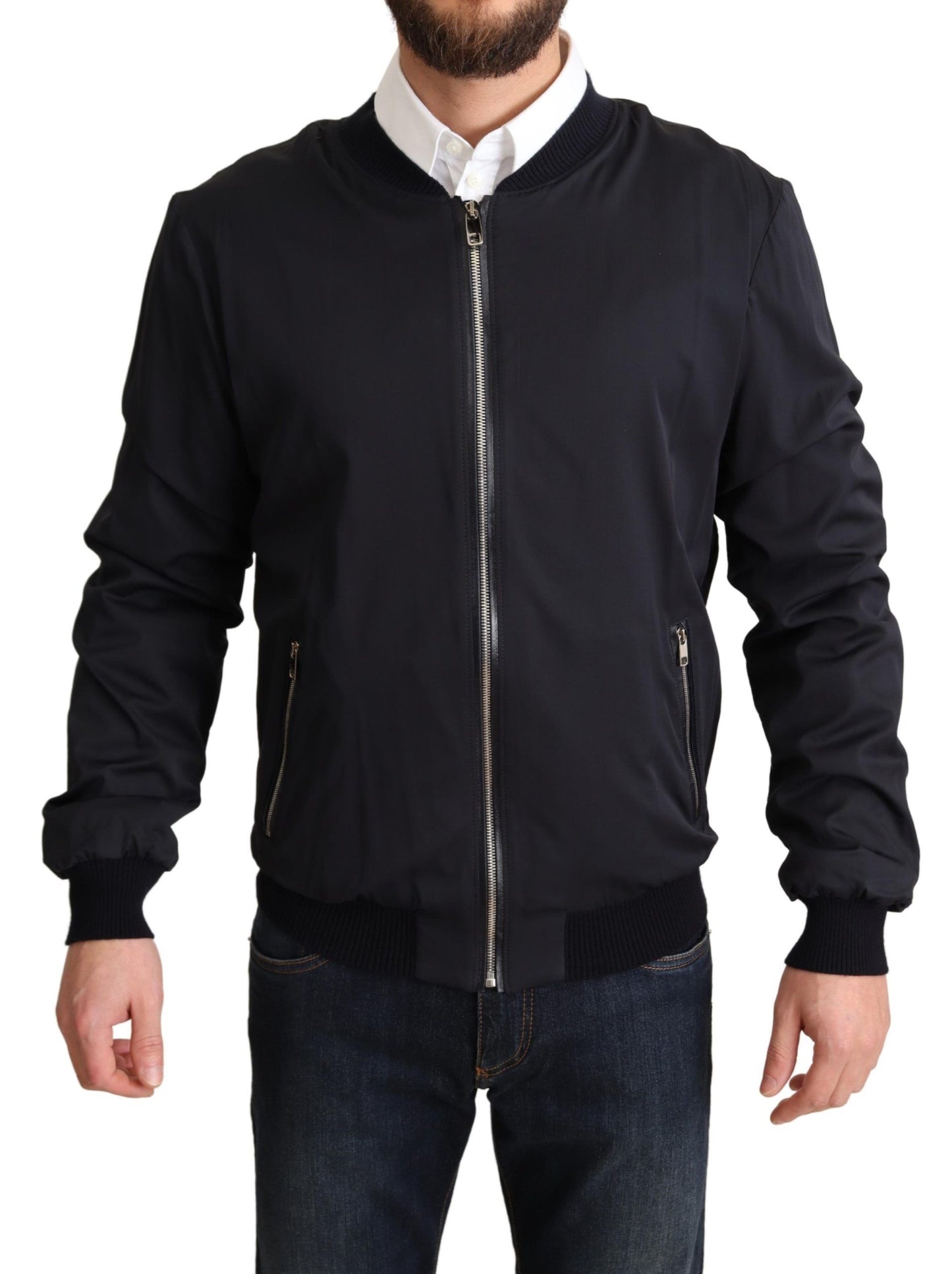 Manteau en soie bleu Bomber court pour homme