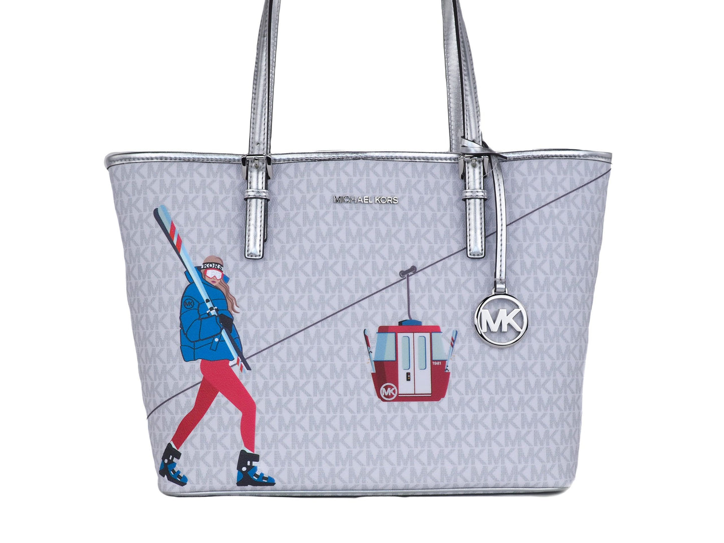 Michael Kors Jet Set Girls Print Medium Signature PVC Carryall Schultertasche Handtasche (Hellweiß Multi)