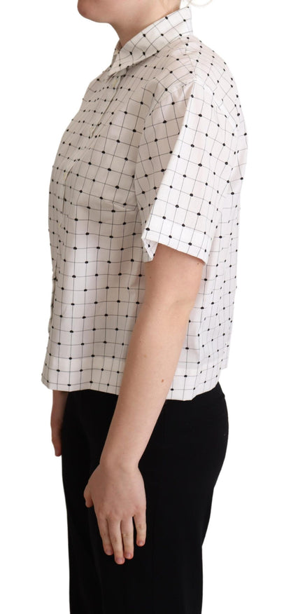 Top camicia con colletto in cotone bianco a pois