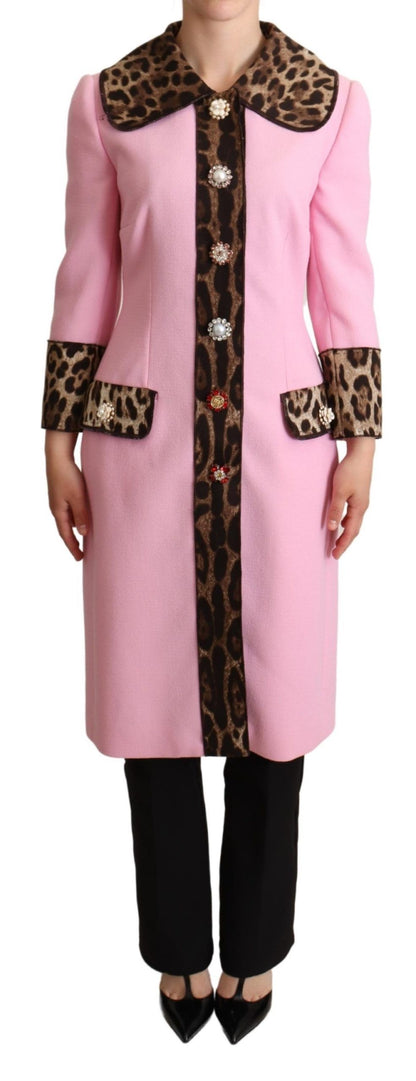 Dolce &amp; Gabbana Schicker rosa Trenchcoat mit Leopardenmuster und Kristallknöpfen