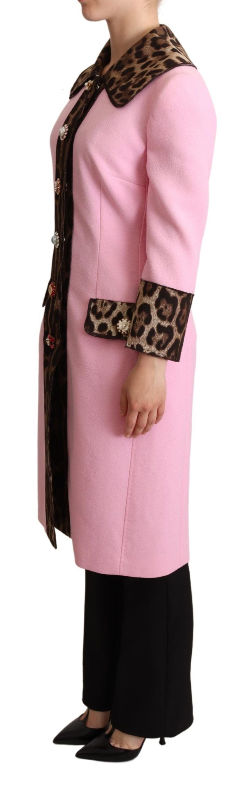 Dolce &amp; Gabbana Schicker rosa Trenchcoat mit Leopardenmuster und Kristallknöpfen