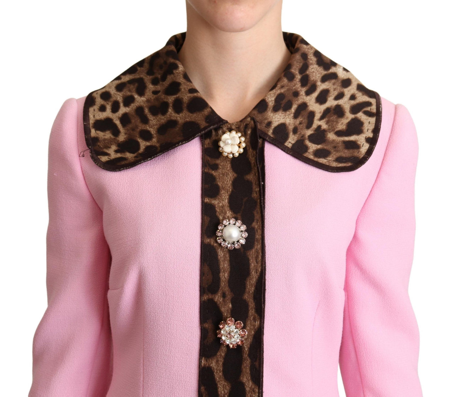 Dolce &amp; Gabbana Schicker rosa Trenchcoat mit Leopardenmuster und Kristallknöpfen