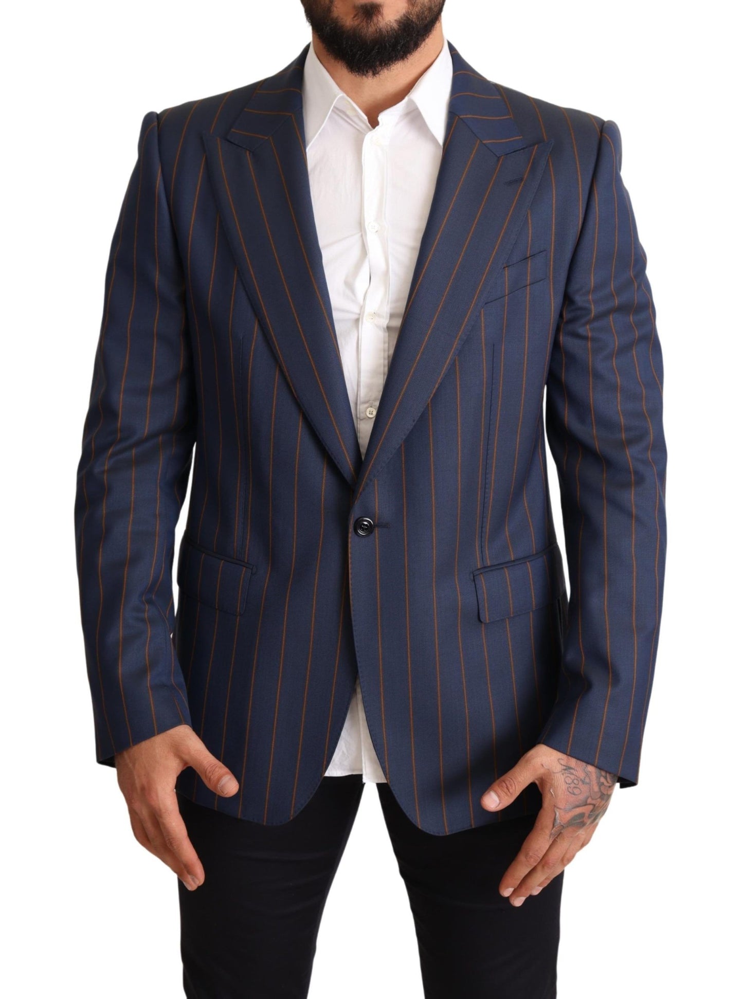 Giacca blazer slim fit in lana a righe blu