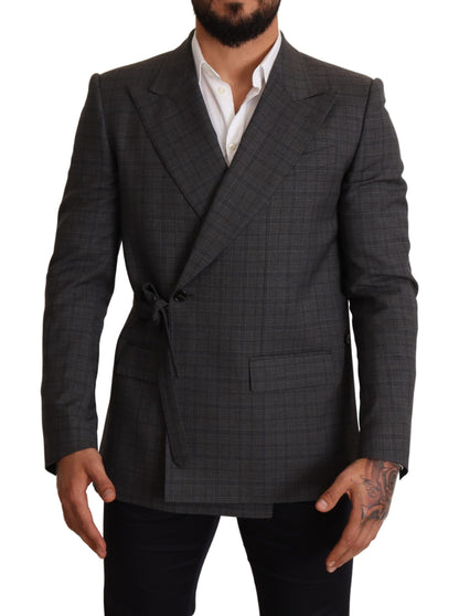 Giacca blazer slim fit in lana a quadri grigi