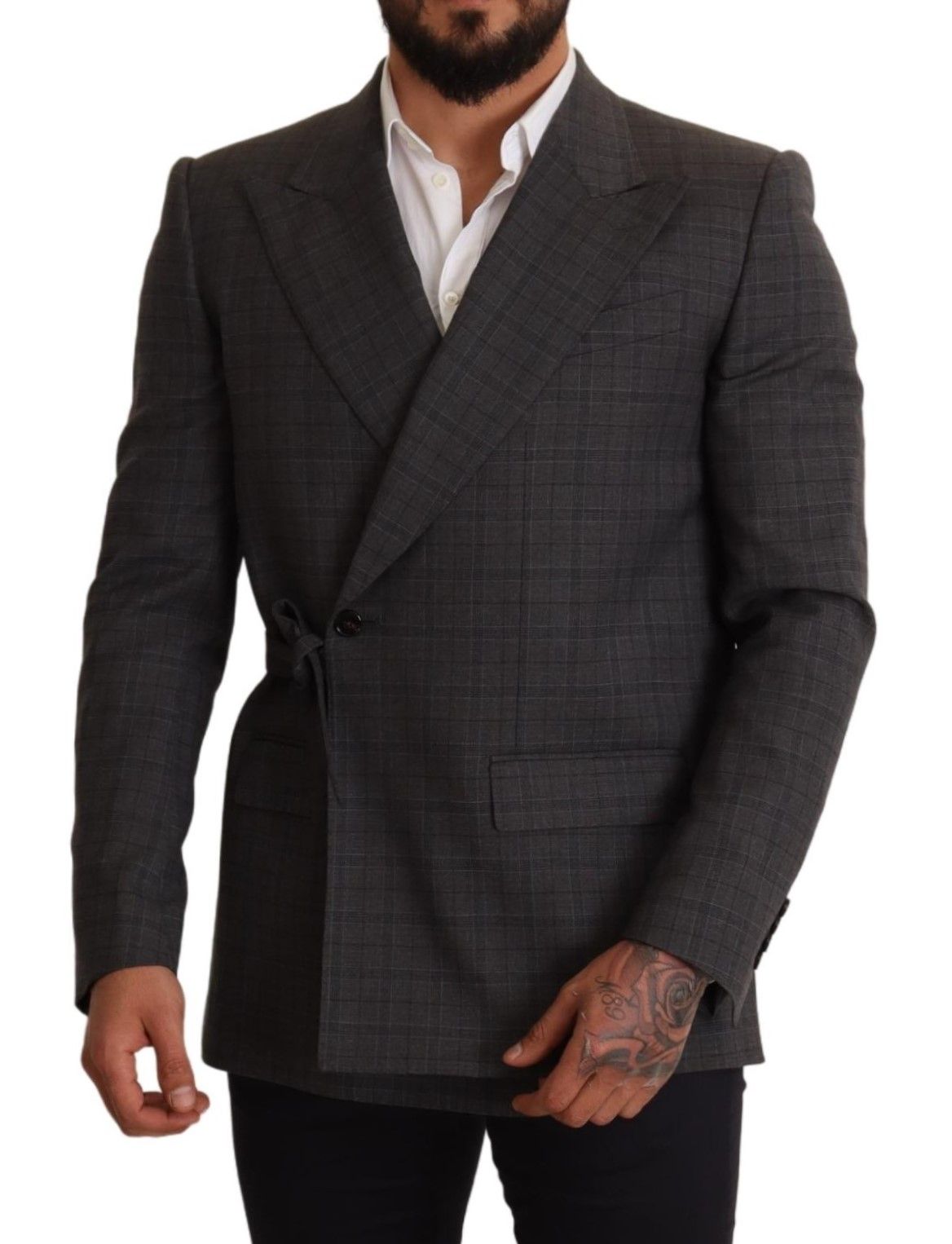 Giacca blazer slim fit in lana a quadri grigi