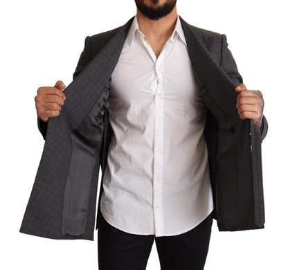 Veste blazer slim en laine à carreaux grise