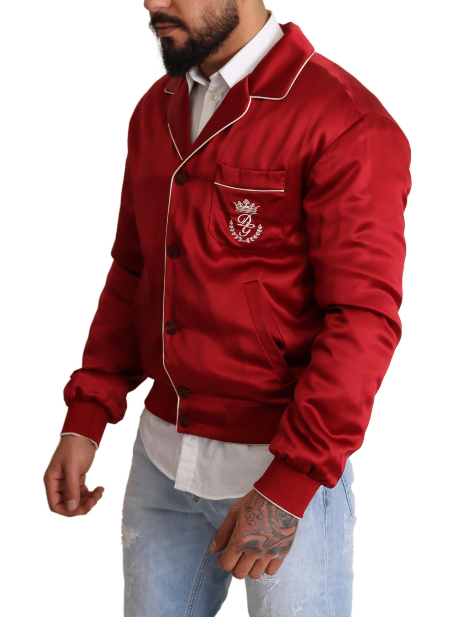 Blouson aviateur rouge avec bouton en soie et logo DG