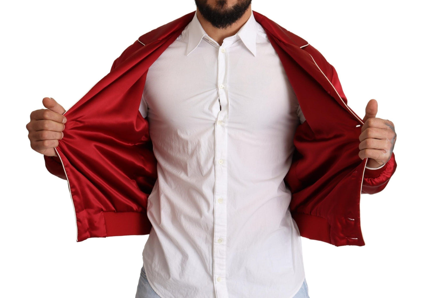 Blouson aviateur rouge avec bouton en soie et logo DG