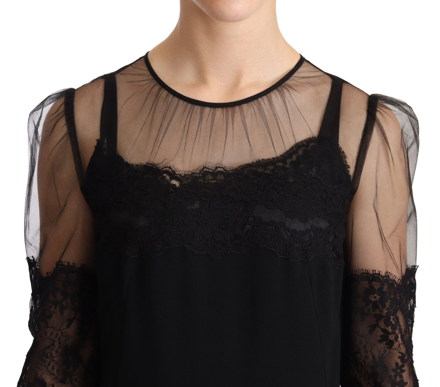 Robe longue noire en dentelle florale transparente et cristal