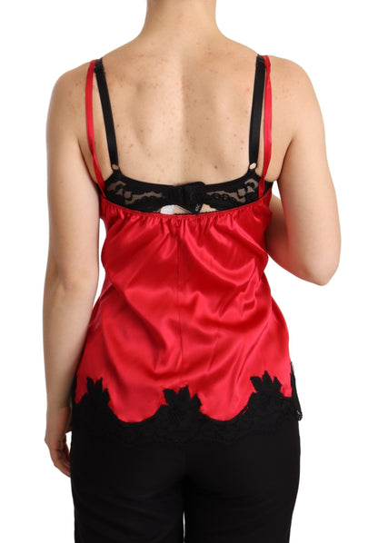 Rotes, mit Blumenspitze besetztes Camisole-Oberteil aus Seidensatin