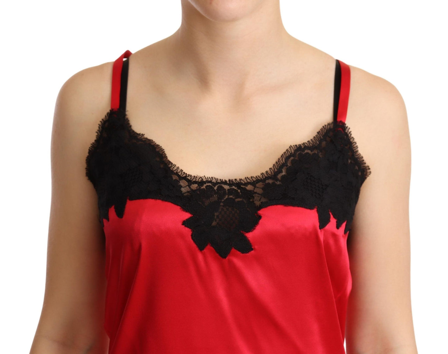 Rotes, mit Blumenspitze besetztes Camisole-Oberteil aus Seidensatin