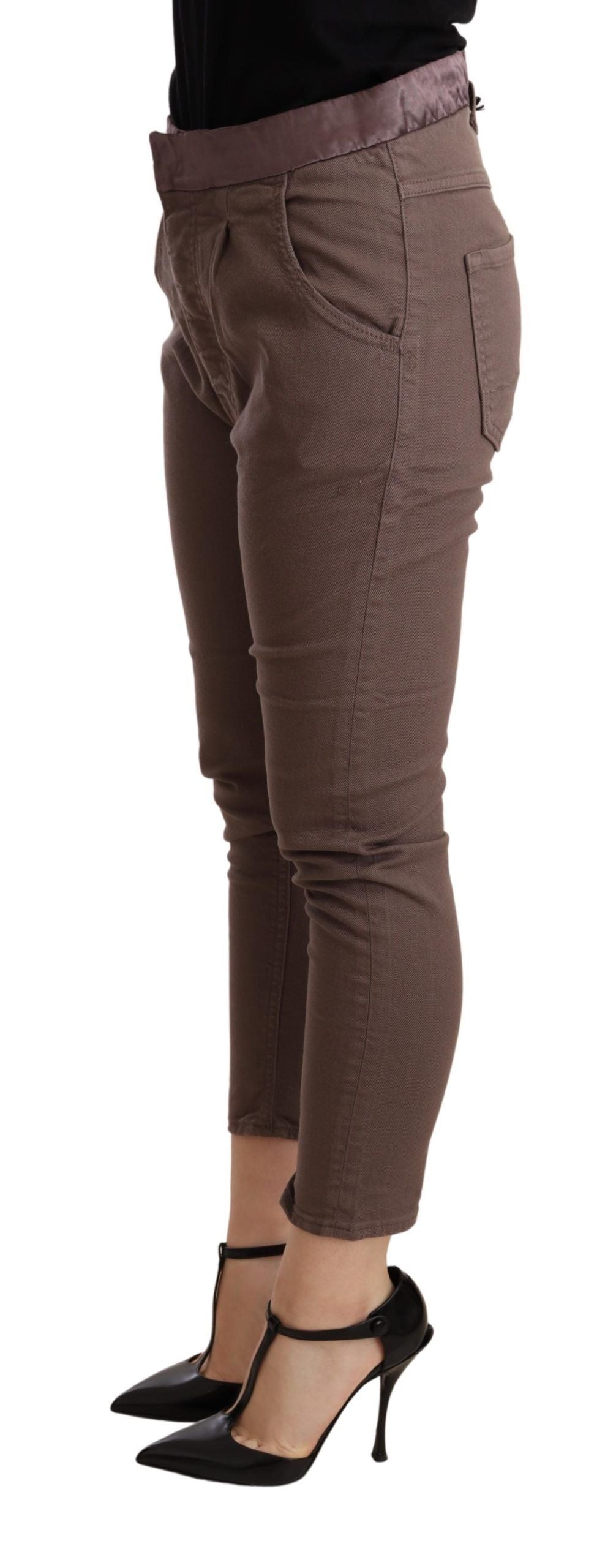 Pantalon skinny stretch court taille moyenne marron