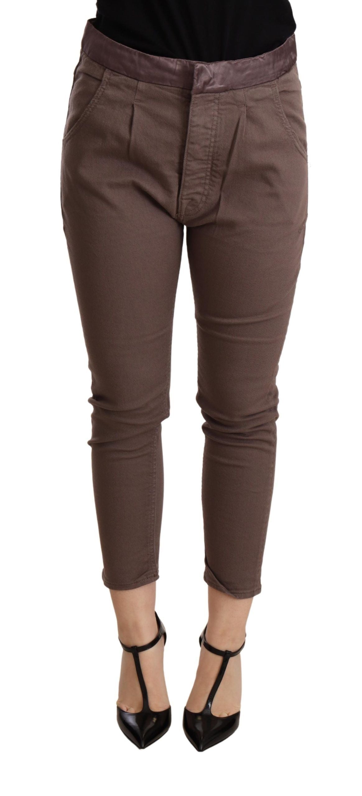 Pantalon skinny stretch court taille moyenne marron