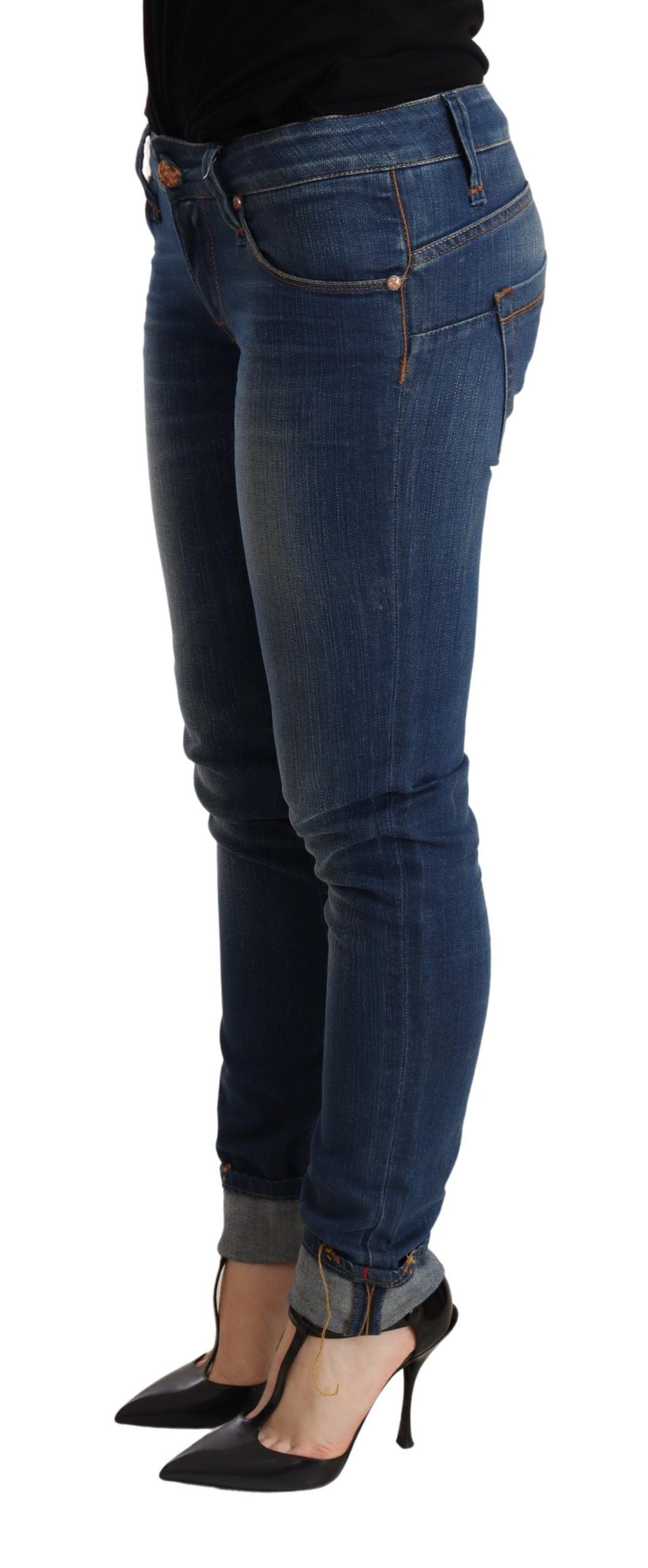 Pantaloni jeans skinny in denim blu lavato a vita bassa