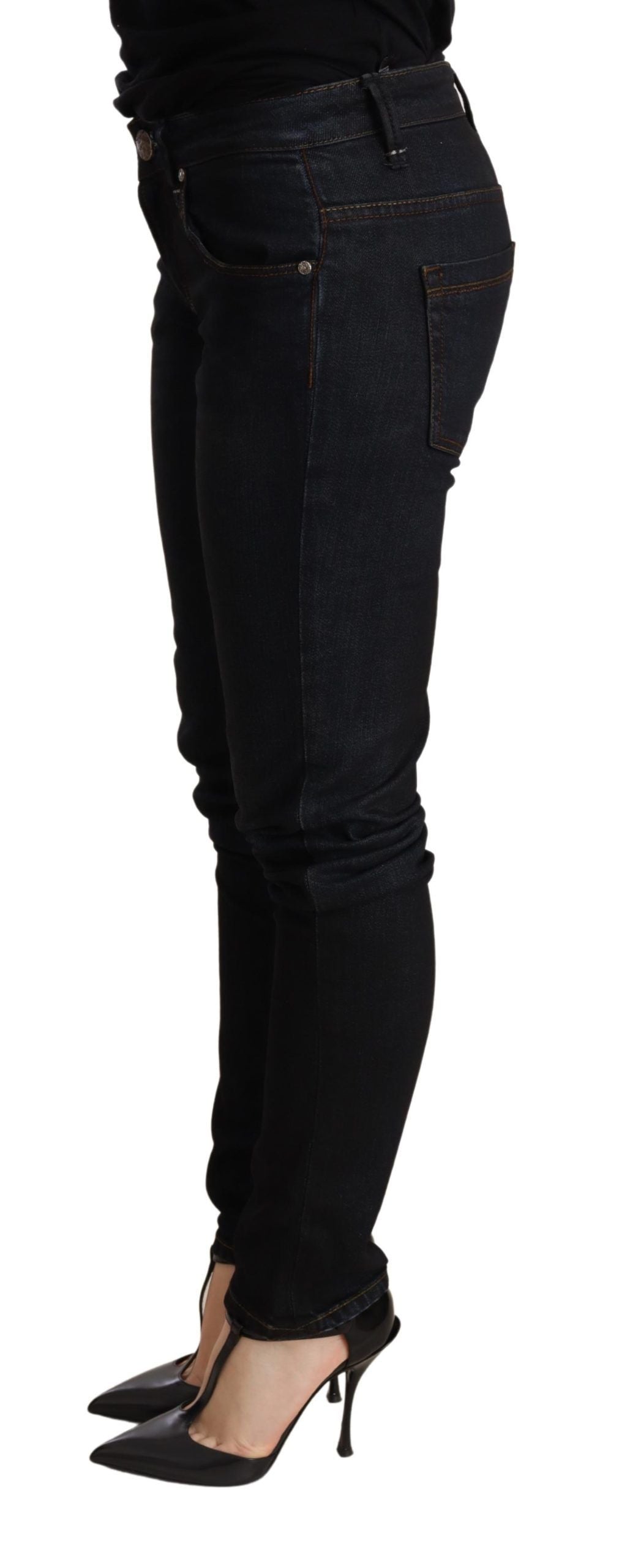 Blau gewaschene Skinny-Jeanshose mit niedriger Taille