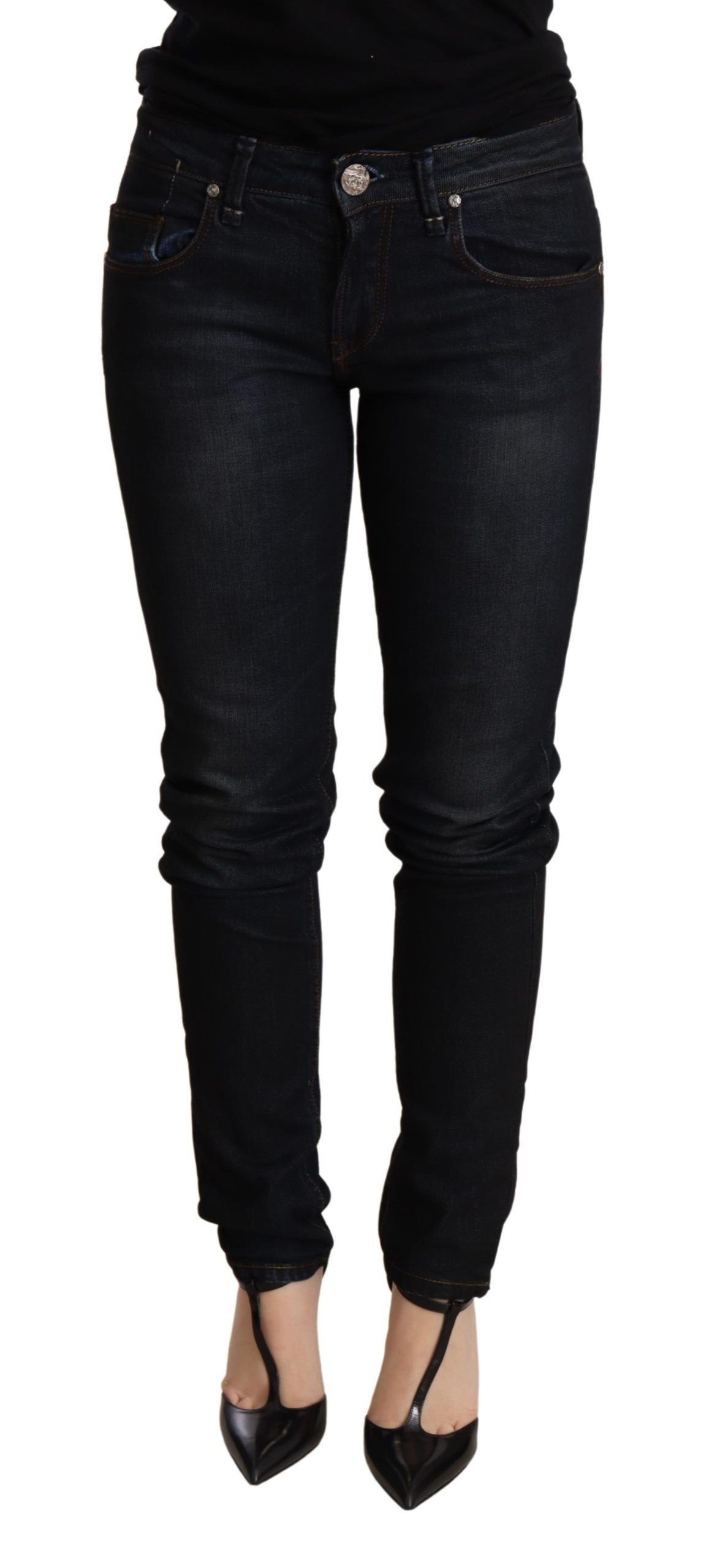 Blau gewaschene Skinny-Jeanshose mit niedriger Taille