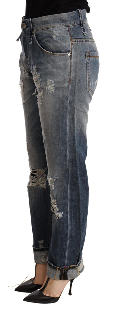 Pantalon droit en denim bleu taille moyenne en lambeaux