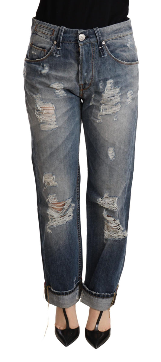 Pantaloni di jeans dritti a vita media strappati blu