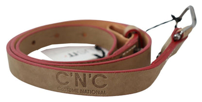 Ceinture en cuir beige à boucle avec logo argenté