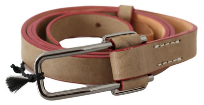 Ceinture en cuir beige à boucle avec logo argenté