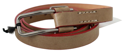 Ceinture en cuir beige à boucle avec logo argenté