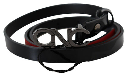 Ceinture fine noire à boucle et logo en cuir