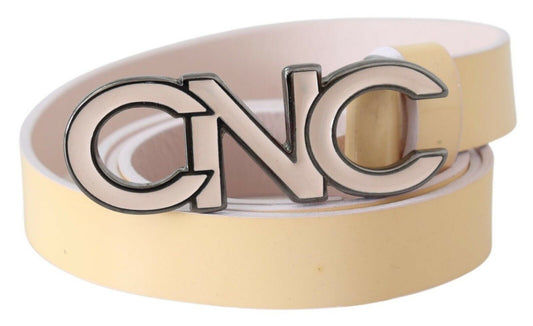 Cintura in pelle beige con logo con lettera rosa