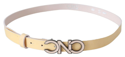 Cintura in pelle beige con logo con lettera rosa