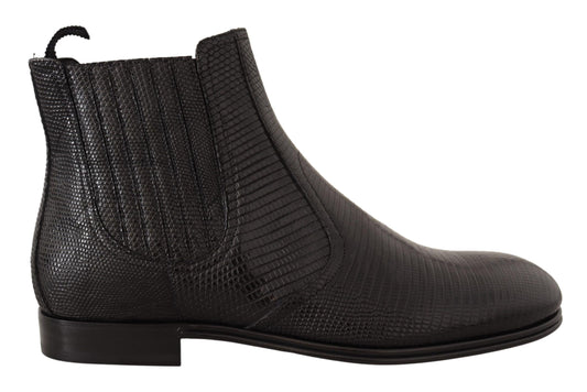 Bottines en cuir noir en peau de lézard