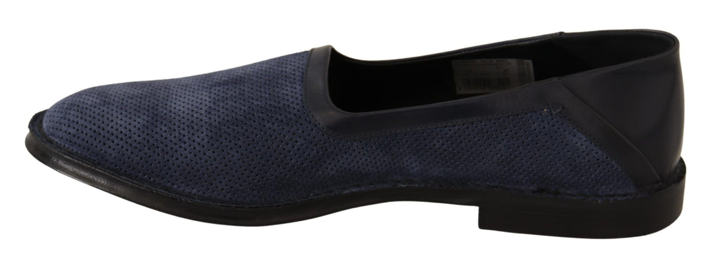 Blaue, perforierte Slip-on-Slipper aus Leder