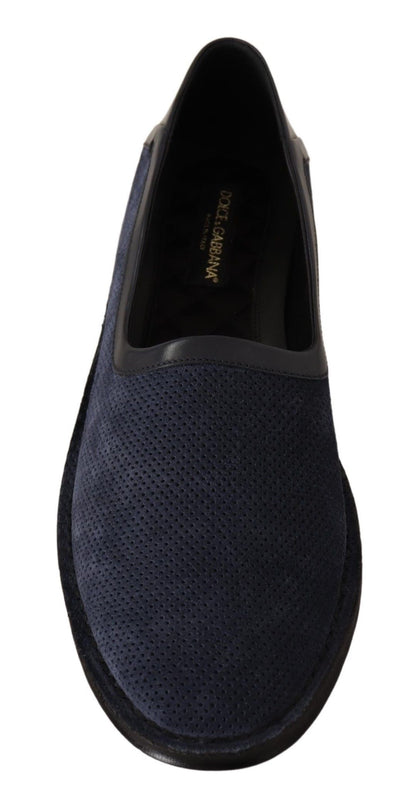 Blaue, perforierte Slip-on-Slipper aus Leder