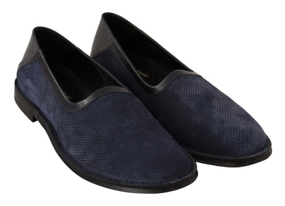 Blaue, perforierte Slip-on-Slipper aus Leder