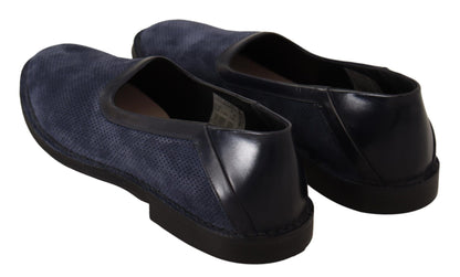 Blaue, perforierte Slip-on-Slipper aus Leder