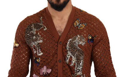 Maglione cardigan con farfalla leopardata marrone