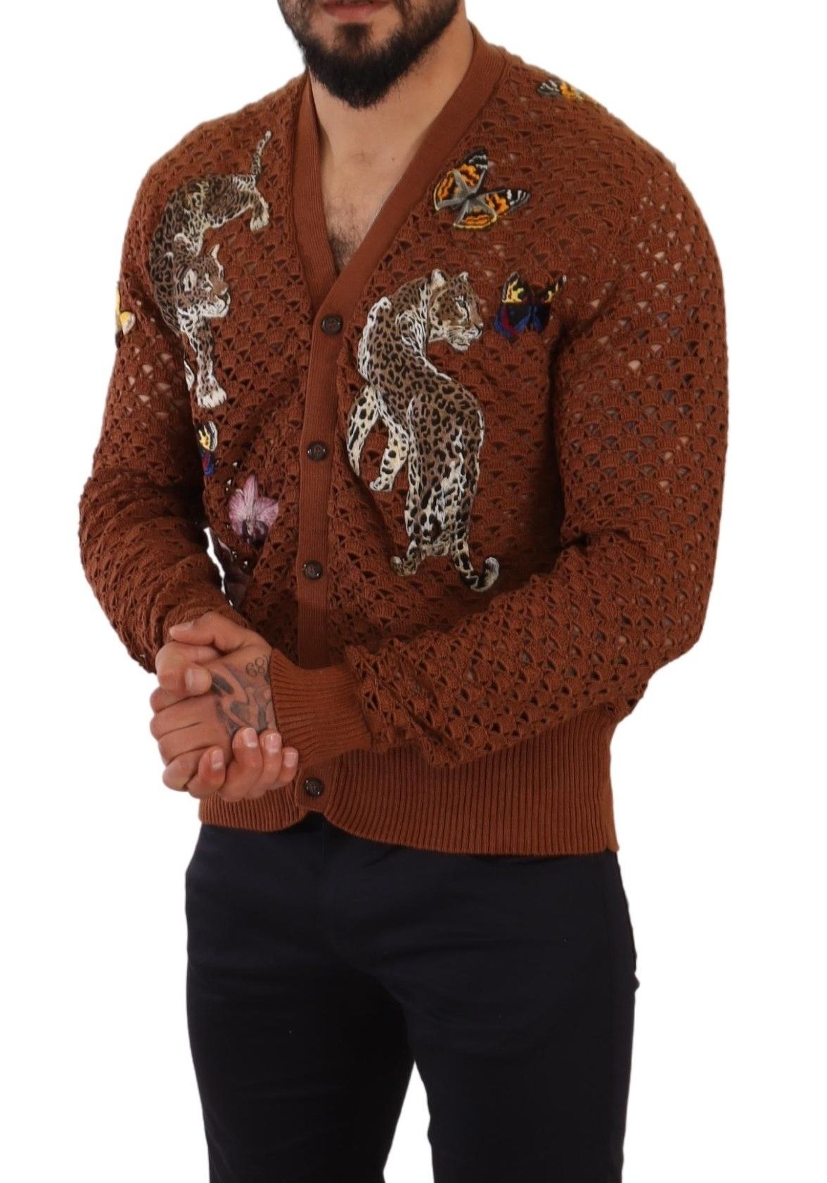 Maglione cardigan con farfalla leopardata marrone