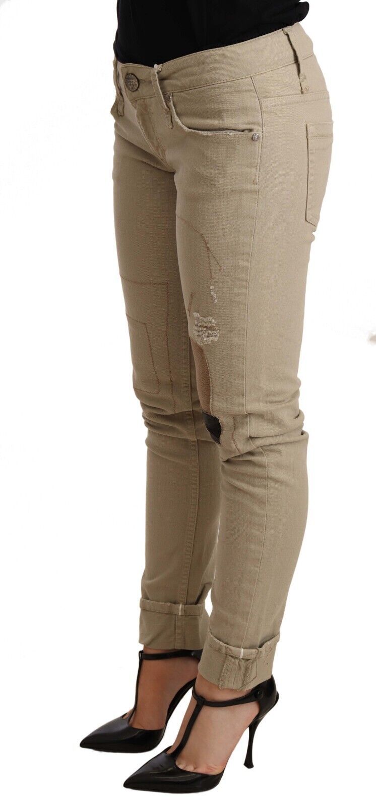 Beige Denim-Baumwollhose mit schmaler Passform und gefalteter Hose