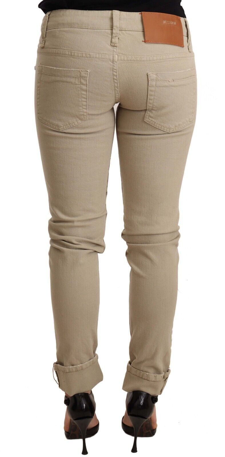 Pantaloni piegati slim fit con fondo in cotone denim beige