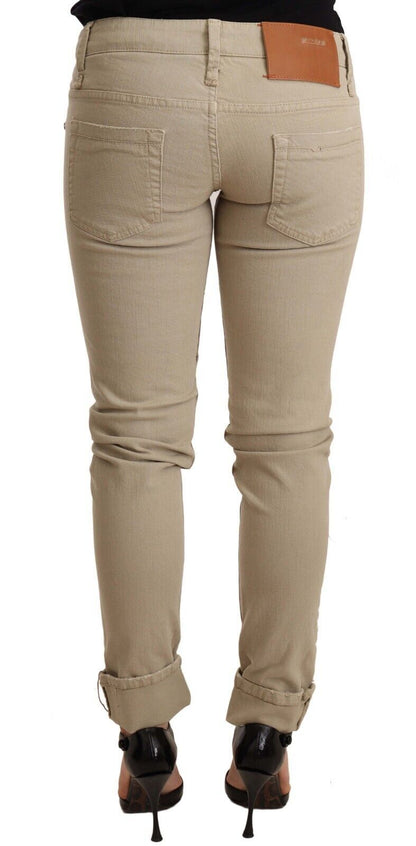 Beige Denim-Baumwollhose mit schmaler Passform und gefalteter Hose