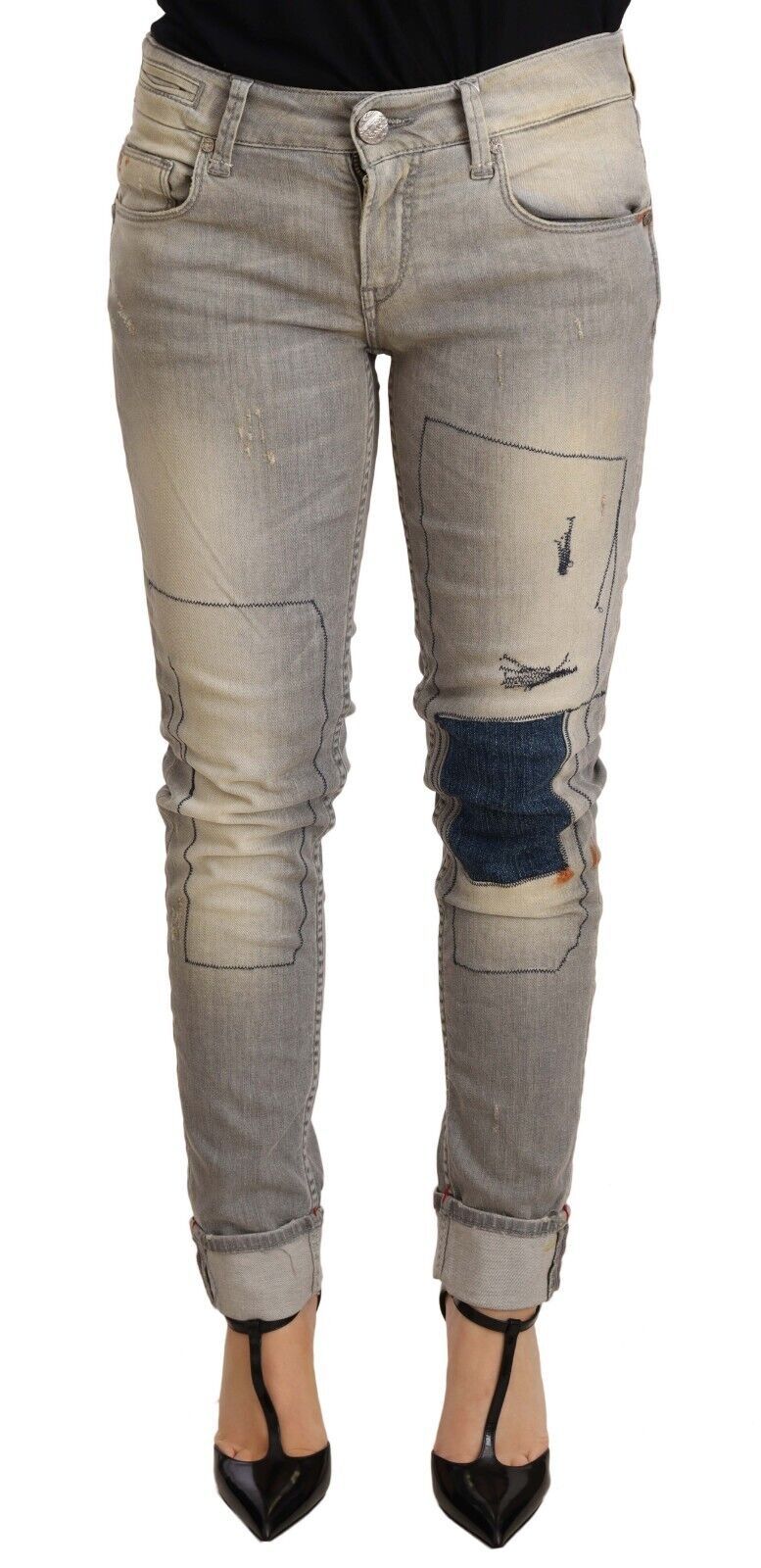 Pantaloni in denim da donna con orlo piegato slim fit in cotone grigio