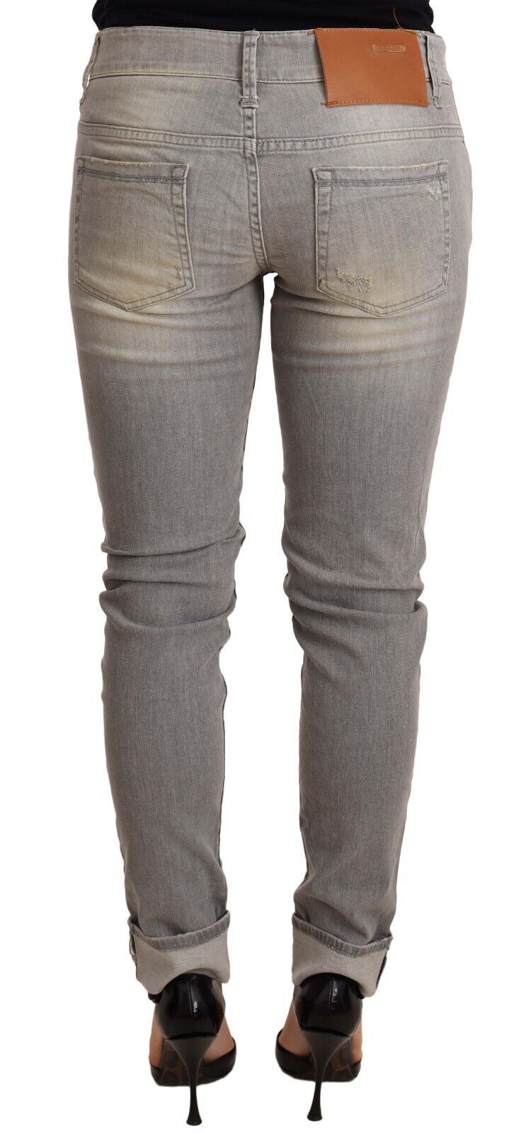 Pantaloni in denim da donna con orlo piegato slim fit in cotone grigio