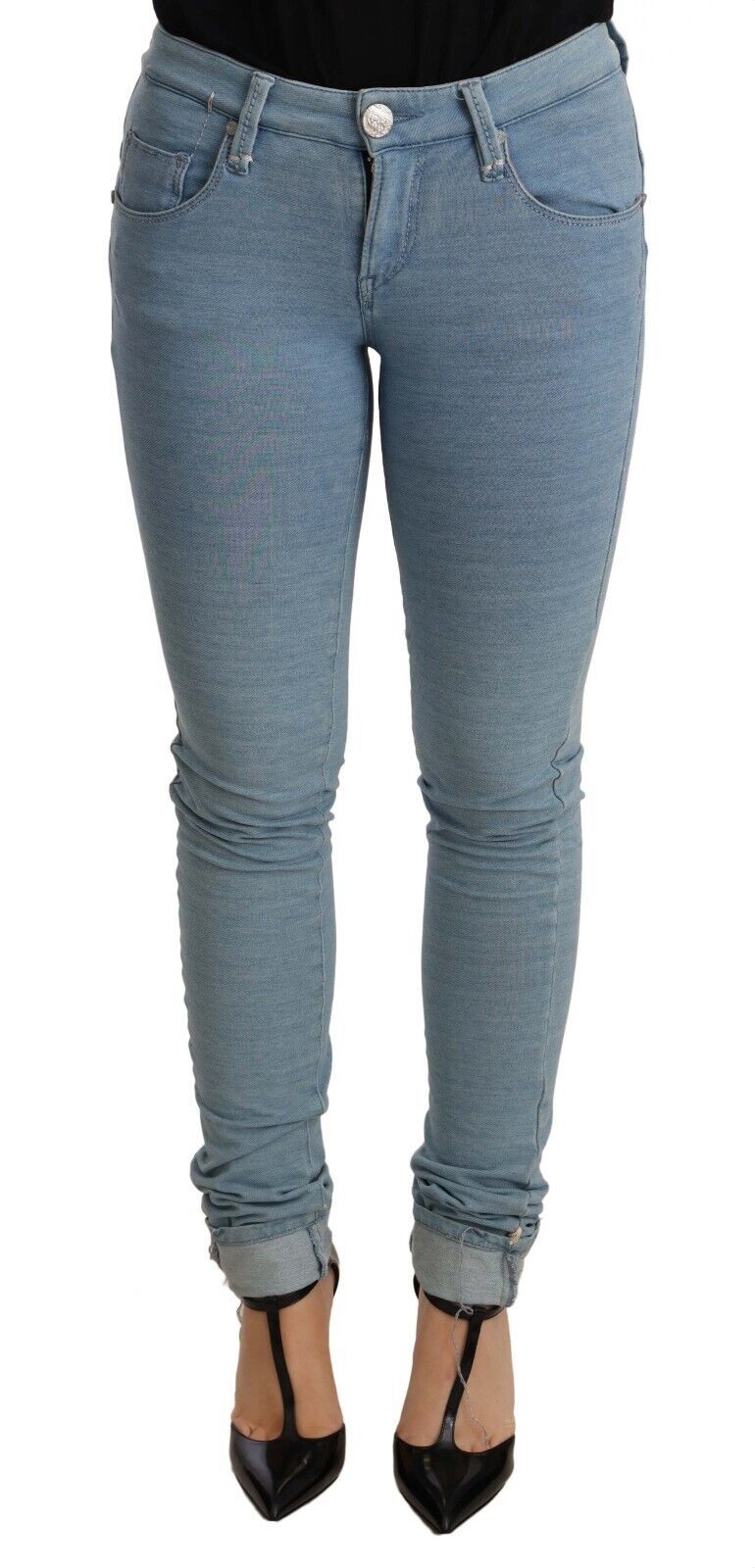 Pantalon en denim bleu pour femme, coupe slim, ourlet extensible