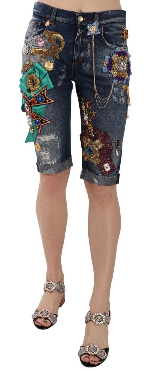 Dolce &amp; Gabbana Elegante knielange, verzierte Jeansshorts