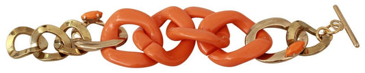 Bracelet large en plastique et laiton avec chaîne orange dorée